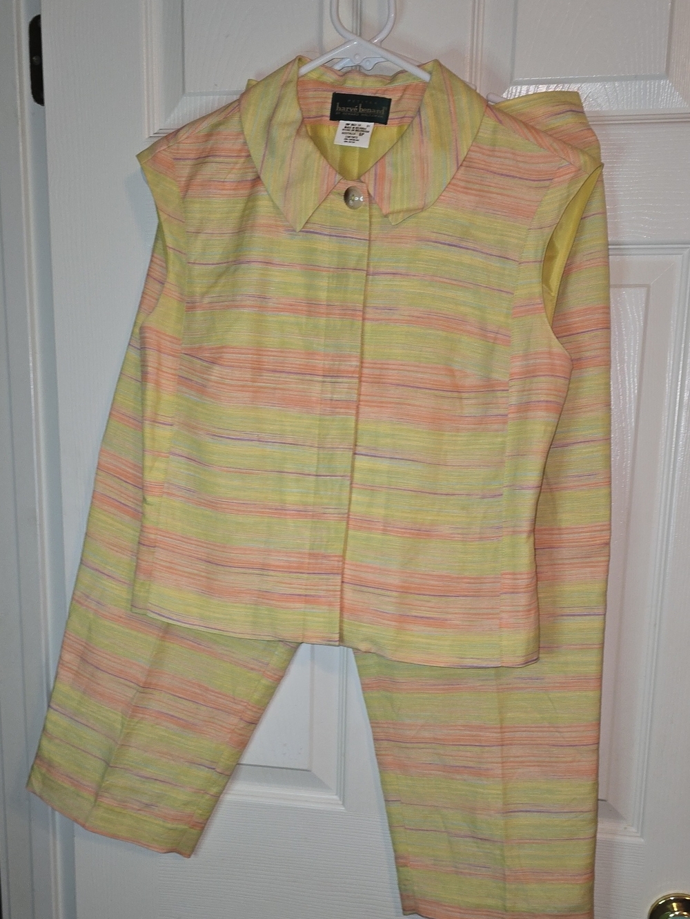 Harve Benard Pastel Striped Sleeveless Pant Suit in Yellow and Peach